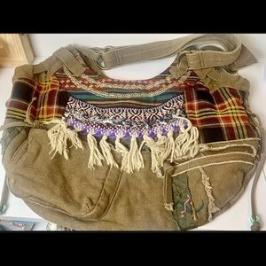 Free People Distressed Taupe Canvas Tote Bag Boho Messenger Many Pockets